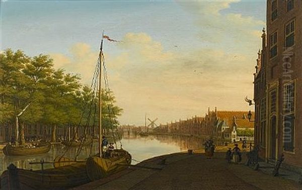 A Dutch Townscape With Barges On A Canal Oil Painting - Paulus Constantijn la (La Fargue) Fargue