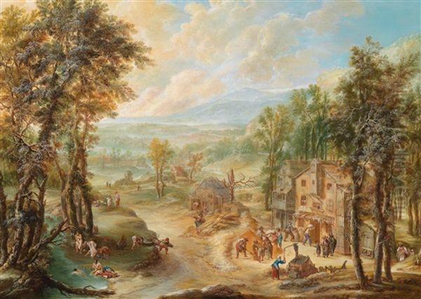 Eine Weite Landschaft Mit Badenden Im Linken Vordergrund (collabe. W/ Maximilian Joseph Schinnagl) Oil Painting - Franz de Paula Ferg