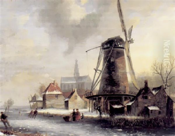 Winterliches Eisvernugen Mit Windmuhle, Kirche, Malerischen Hausern Und Schlittschuhlaufern Aus Dem Eis Oil Painting - Jacobus Freudenberg