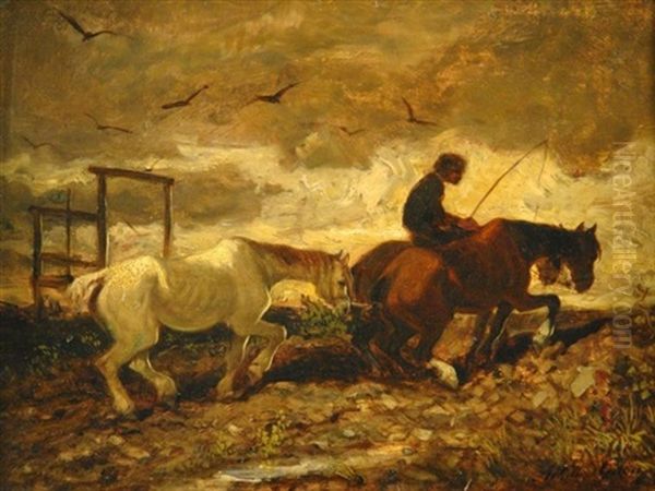 Am Abend. Bauer Mit Seinen Pferden Auf Dem Heimweg Oil Painting - Achille Giroux