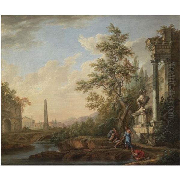 An Italianate Landscape With Figures Drinking From A Stream Beneath Ruins, An Obelisk, A Roman Triumphal Arch And A Town Beyond Oil Painting - Lorens (Lars) Gottman