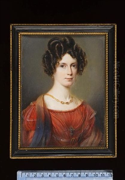 Portrait Of A Lady Wearing Red Dress With White Lace Trim And A Gold Strand Necklace (+ Portrait Of  Gentleman With Black Coat, Matching Waistcoat And White Chemise; Pair) Oil Painting - August Grahl