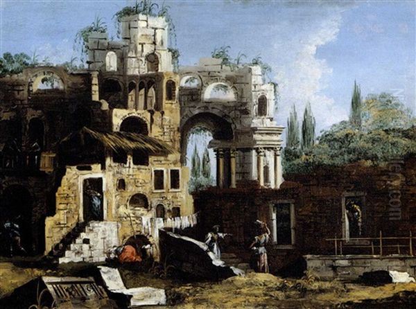 Capriccio Con Rovine Classiche E Lavandaie Oil Painting - Giovanni Antonio Guardi