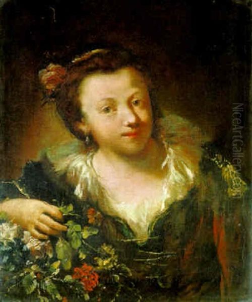 A Girl, Bust Length, With Flowers Oil Painting - Giovanni Antonio Guardi