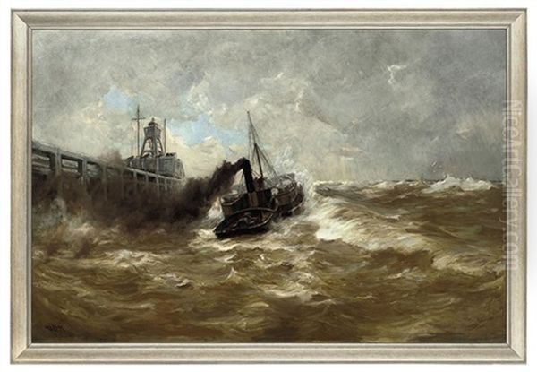 Paddle Steamer Leaving Port In A Stormy Sea Oil Painting - Erwin Carl Wilhelm Guenther