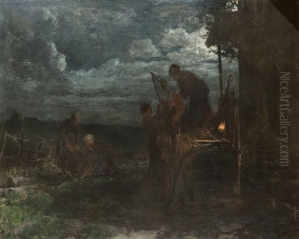 Le Soir En Normandie. Retour Du Marche. Oil Painting - Ernest Victor Hareux