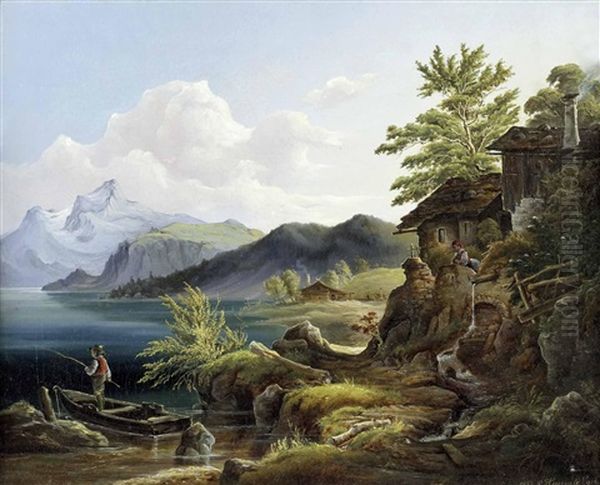 Hochgebirgslandschaft Mit See, Fischer Und Hausern Oil Painting - Carl Haunold