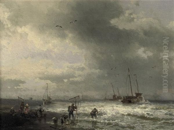 Fishermen On The Beach Oil Painting - Hermann Herzog