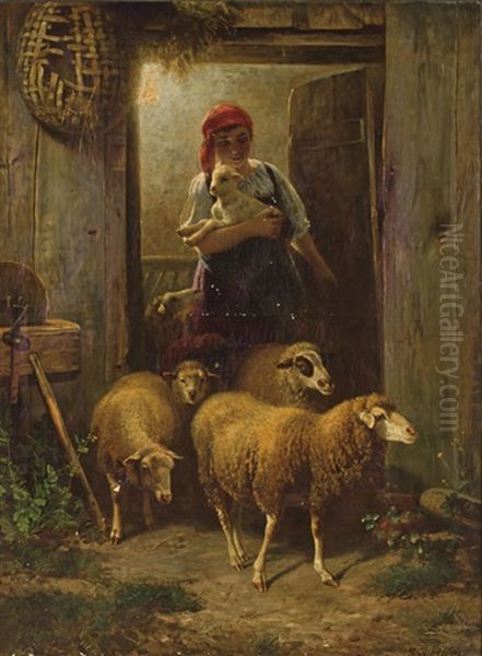 Shepardess And Her Flock Oil Painting - Johann Baptist Hofner