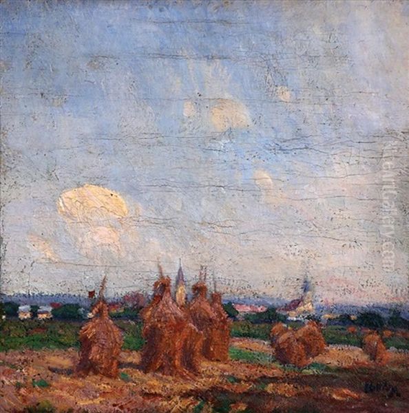 Hay In The Field Oil Painting - Simon Hollosy