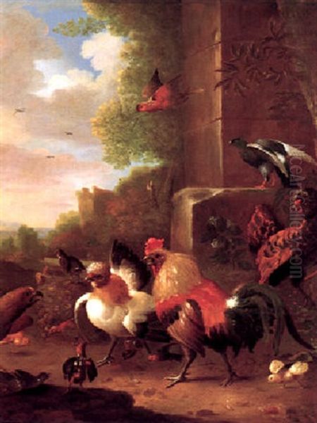 An Eagle Attacking Chickens In A Landscape Oil Painting - Melchior de Hondecoeter