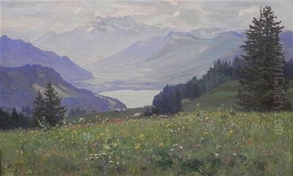 Vue Sur Le Leman Et Les Dents Du Midi Depuis Les Avants Oil Painting - Fritz Huguenin