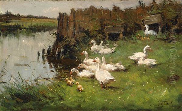 Ducks At The Water's Edge Oil Painting - John Frederik Hulk the Younger