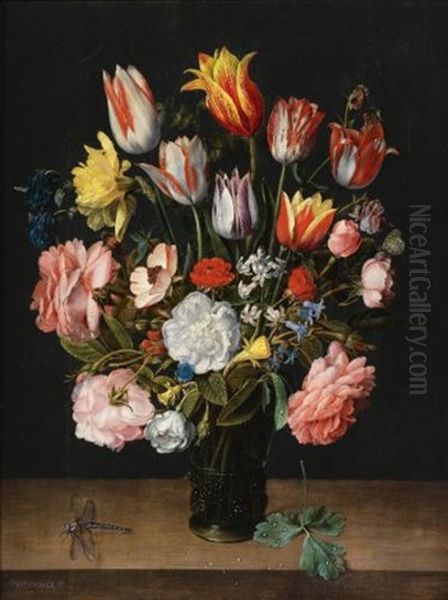 A Still Life Of Tulips, Roses, Bluebells, Daffodils, A Peony And Other Flowers In A Glass Roemer On A Wooden Ledge With A Dragonfly Oil Painting - Jacob van Hulsdonck