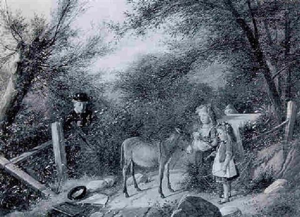 Children Gathering Flowers And Playing On A Country Path With A Donkey Oil Painting - Charles Hunt the Younger