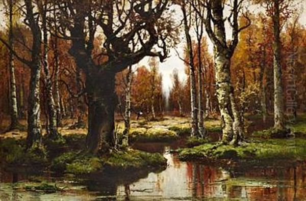 Quiet Autumn Day In A Russian Birch Forest Oil Painting - Yuliy Yulevich (Julius) Klever