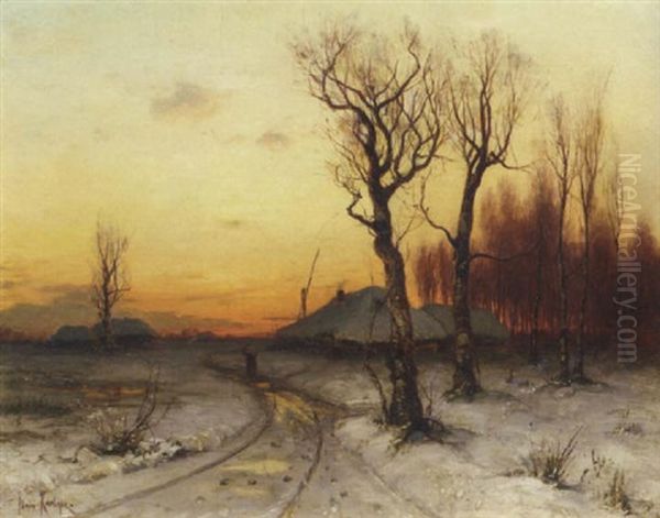 Winter: Snowcovered Farms At Dusk Oil Painting - Yuliy Yulevich (Julius) Klever