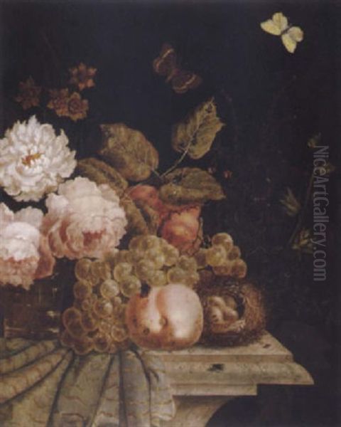 Stilleben Mit Blumen, Fruchten Und Einem Vogelnest Oil Painting - Georg Kneipp