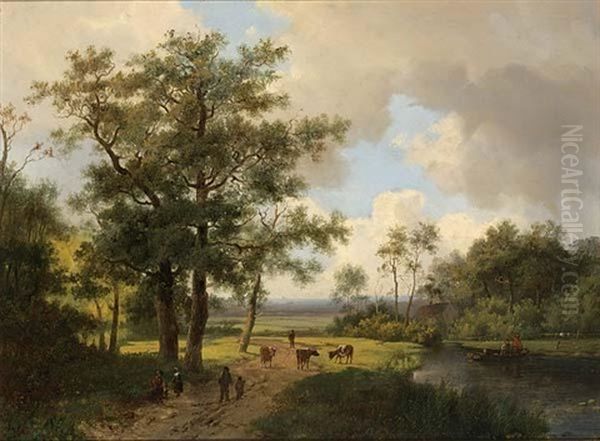 A Summer Landscape With Peasants On A Sandy Track Oil Painting - Marinus Adrianus Koekkoek