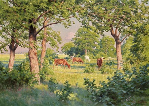 Sommarlandskap Med Kor Oil Painting - Johan Fredrik Krouthen