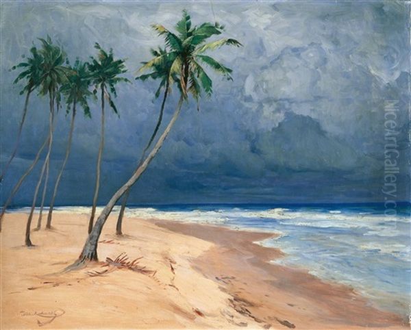 Tropischer Strand Mit Palmen Und Aufziehendem Gewitter Oil Painting - Wilhelm Friedrich Kuhnert