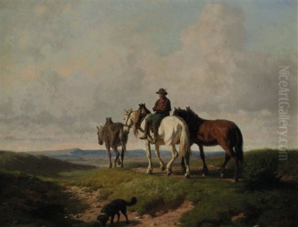 Heimkehr Vom Feld: Bauer Mit Drei Pferden Und Hund Oil Painting - Karl Lieske