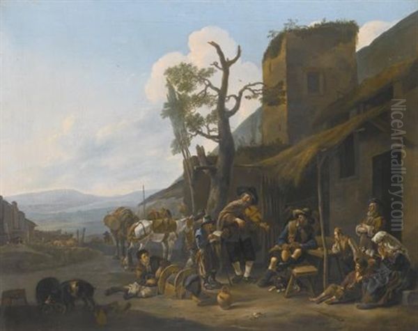 A Southern Landscape With A Violinist Entertaining Revellers Outside A Tavern Oil Painting - Johannes Lingelbach