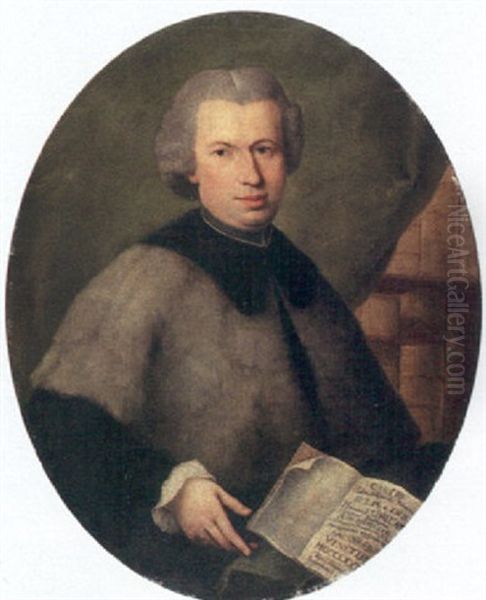 Portrait Of Monsignor Francesco Dall'acqua, Wearing A Grey Cloak And Holding A Copy Of His Book, In A Library Oil Painting - Alessandro Longhi