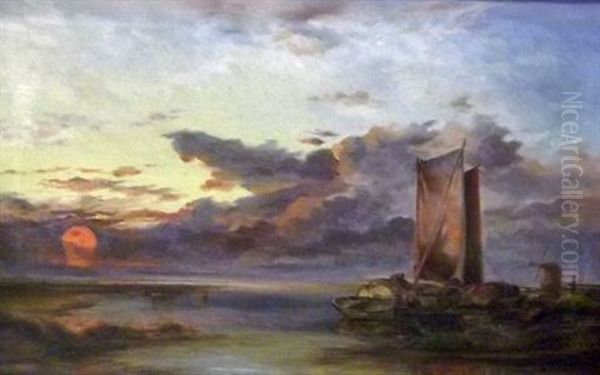 On The Yare, Near Yarmouth Oil Painting - Thomas Lound