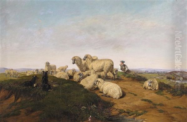 A Shepherd With His Flock And Two Dogs by William Luker Sr.