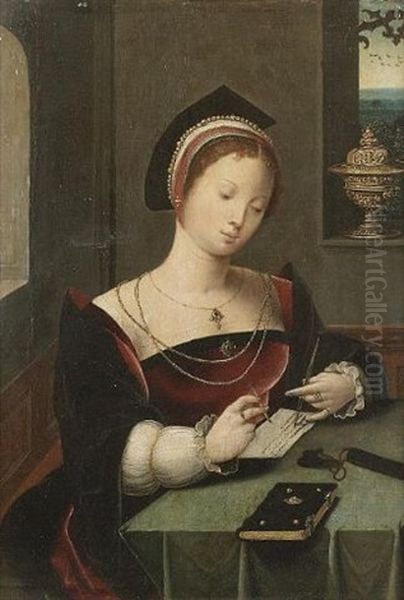 A Woman As The Magdalen Writing At A Table In An Interior Oil Painting -  Master of the Female Half Lengths