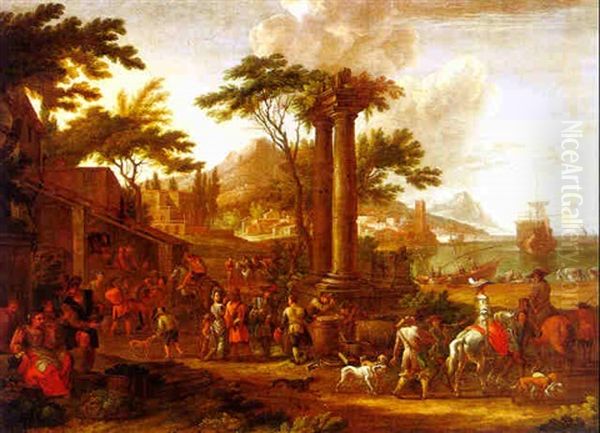 Italianate Landscape With Coopers, Hunters And Other Figures By A Harbor Oil Painting - Hendrich van Minderhout