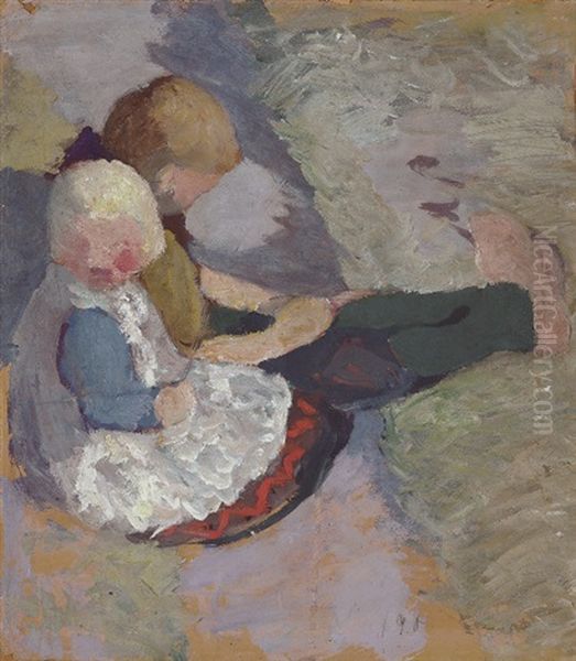 Zwei Kinder Auf Einer Wiese Sitzend by Paula Modersohn-Becker