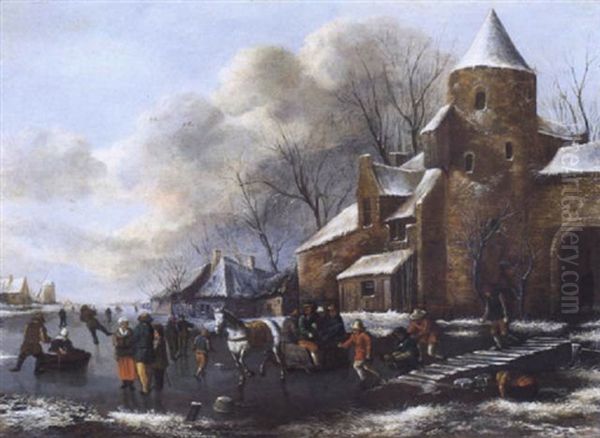 Winterlandschaft Mit Schlittschuhlaufern Vor Den Mauer Einer Stadt Oil Painting - Nicolaes Molenaer