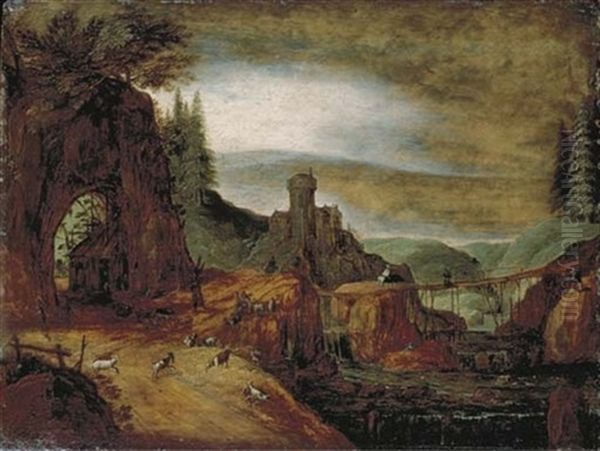 A Mountainous River Landscape With Herdsmen Resting On A Path, A Fortified Dwelling Beyond Oil Painting - Joos de Momper the Younger