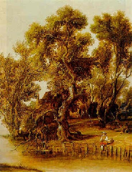 Angler Am Mit Hohen Baumen Bestandenen Flusufer Oil Painting - Aert van der Neer