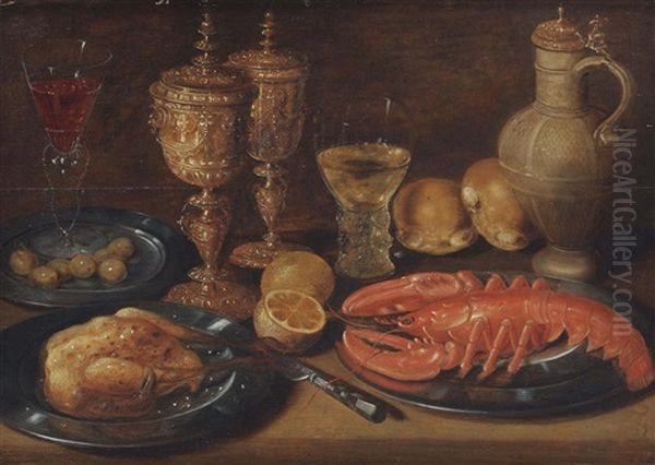 A Roasted Chicken, Lobster, Olives, Lemons, Bread, Goblets And A Caraffe, All On A Wooden Ledge by Clara Peeters