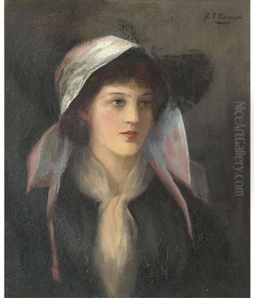 Portrait Of A Young Lady, Bust-length, In A Pink Hat Oil Painting - Louise Ellen Perman