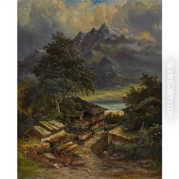 Berg- Und Seelandschaft Mit Bauernhaus Und Staffage Oil Painting - Pieter Francis Peters