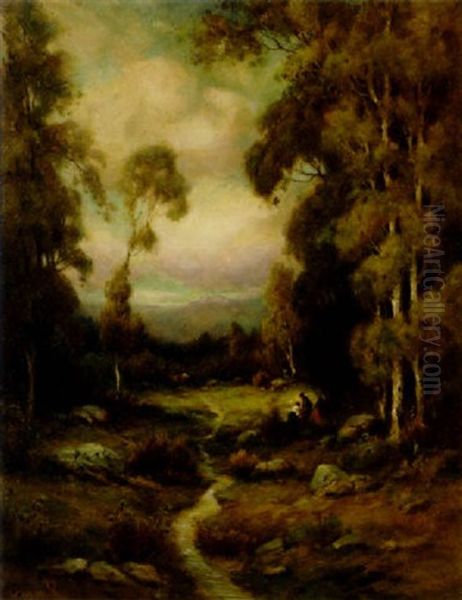 Women By A Stream In A Forest Clearing Oil Painting - Alexis Matthew Podchernikoff