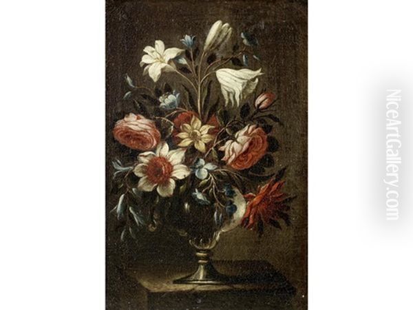 Tulips, Peonies, Carnations And Other Flowers In A Glass Vase On A Stone Ledge (+ Roses, Convolvulus, Lilies And Other Flowers In A Glass Vase On A Stone Ledge; Pair) Oil Painting - Antonio Ponce