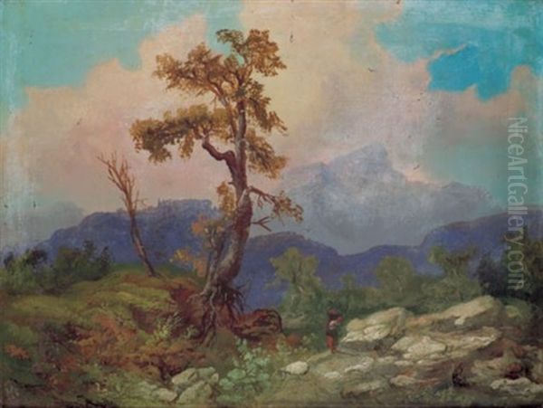 Gebirgige Landschaft Mit Einem Einzeln Stehenden Baum Oil Painting - Franz Reinhold