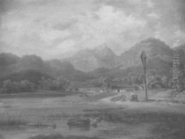 Gebirgslandschaft Mit Almhutte by Franz Reinhold