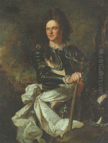 Portrait Of The Comte D'evreux, Three-quarter Length In Armour, Sash  And Baton, A Battle Beyond Oil Painting - Hyacinthe Rigaud