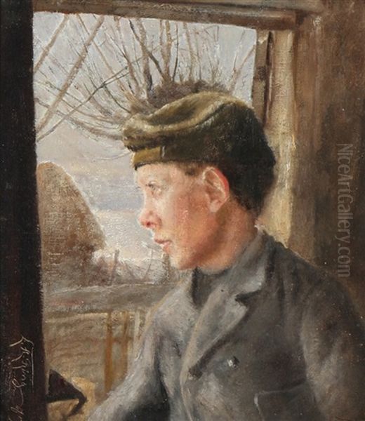 Portrait Of A Peasant Boy By An Open Half Door by Laurits Andersen Ring