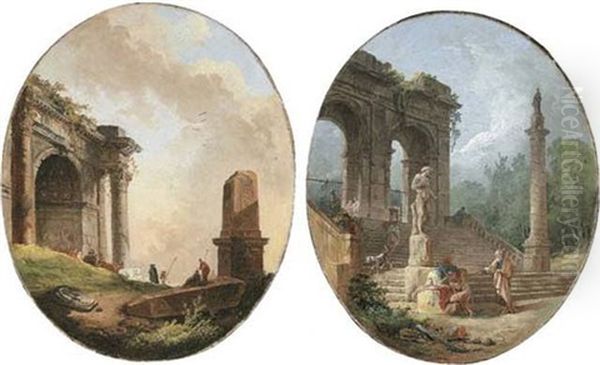 A Capriccio Of A Triumphal Arch And A Broken Obelisk With Herdsmen And Animals Oil Painting - Hubert Robert