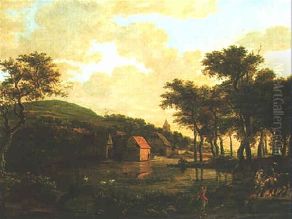 A River Landscape With A Village And Watermill, With A Washerwoman And Horseman In The Foreground by Jacob Van Ruisdael