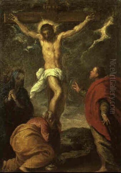 Crucifixion With Grieving Virgin, Mary Magdalen And St. John The Evangelist Oil Painting -  Scarsellino