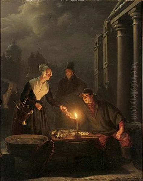 A Fish Market By Candle Light Oil Painting - Petrus van Schendel