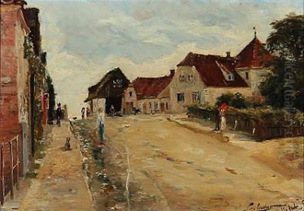 Streetlife In Hellebaek, Denmark Oil Painting - Karl Peter August Schlichting-Carlsen